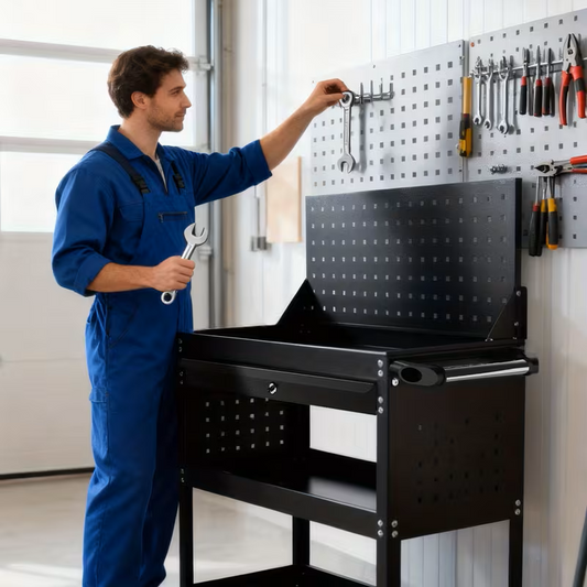 1-Drawer 3-Tier Tool Trolley with Pegboard | 200kg Heavy Duty Steel Cart