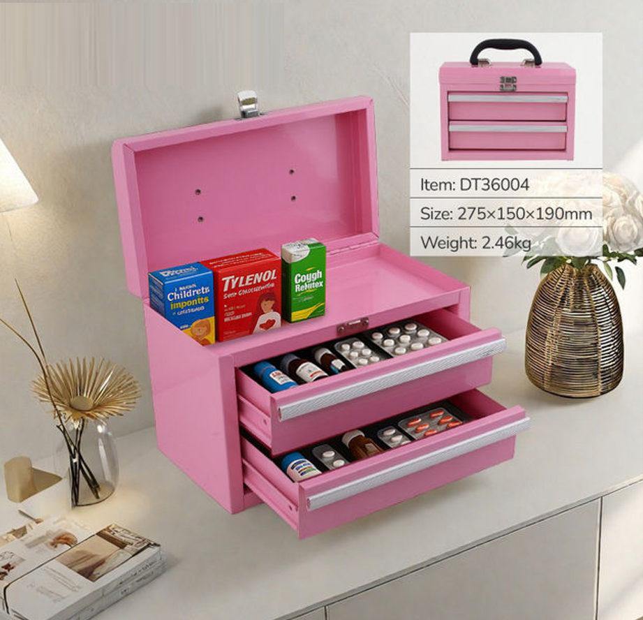 Metal Tool Box with 2 Drawers & Top Storage – Portable Mini Tool Chest, Small Metal Storage Box for Tools, Crafts, Office & Home Organization