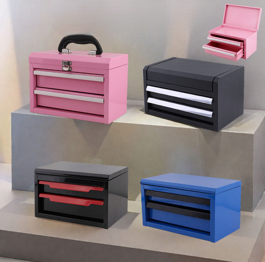 Metal Tool Box with 2 Drawers & Top Storage – Portable Mini Tool Chest, Small Metal Storage Box for Tools, Crafts, Office & Home Organization