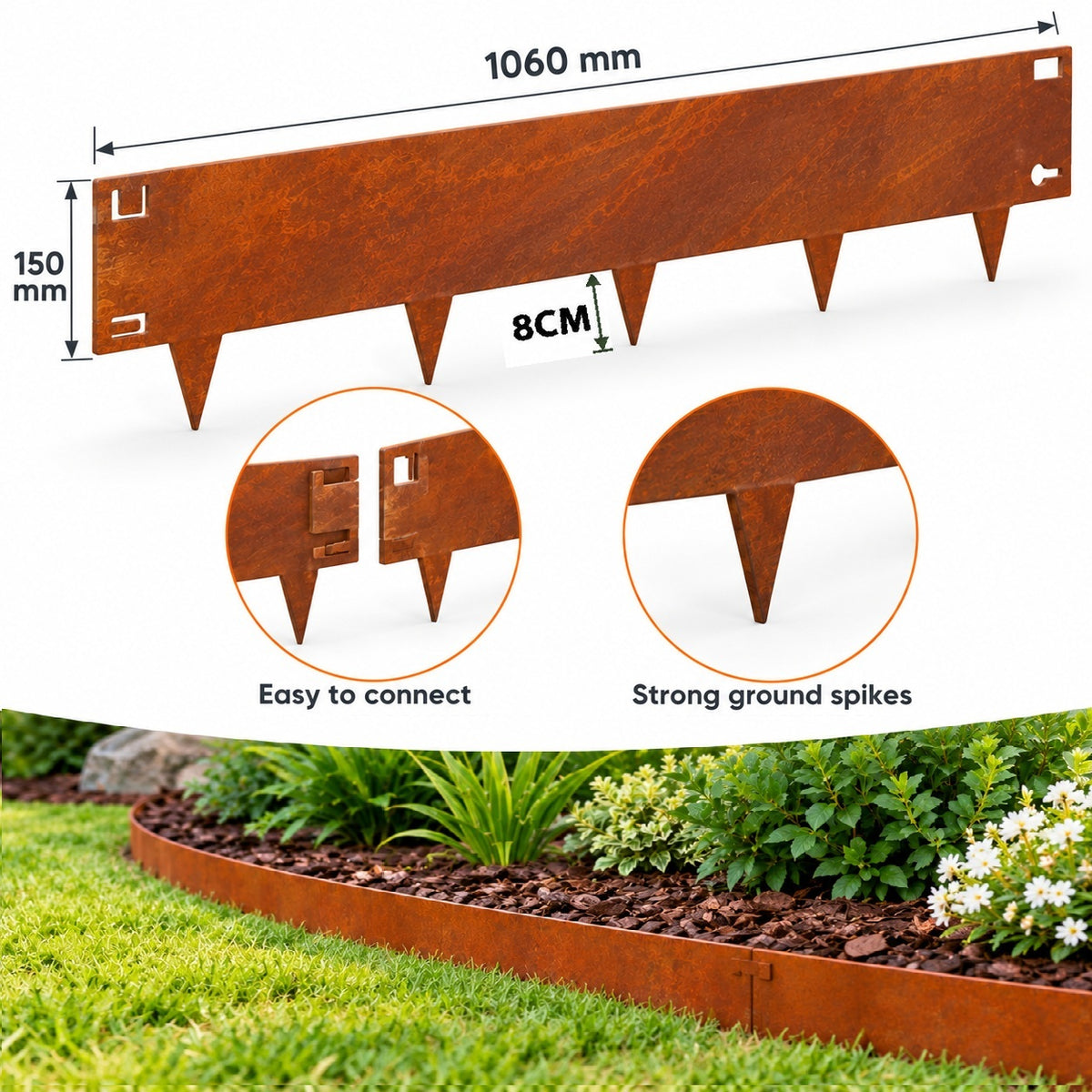 5.3m Corten Steel Garden Edging Kit – 150mm High | 5 × 1060mm Rust Steel Lawn & Landscape Edging