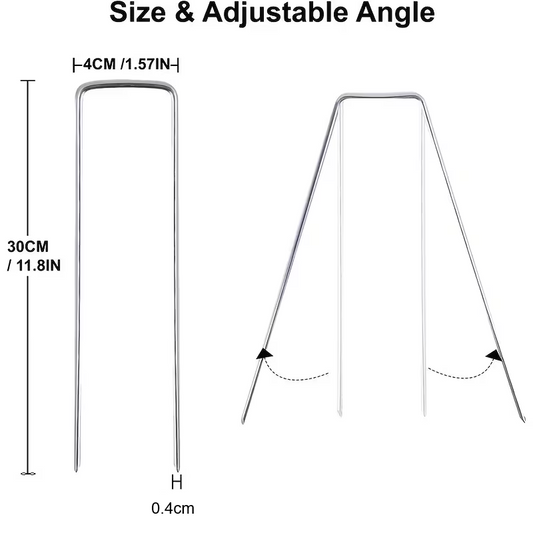 20PCS Heavy-Duty Galvanized Landscape Staples – 300mm U-Shaped Ground Spikes